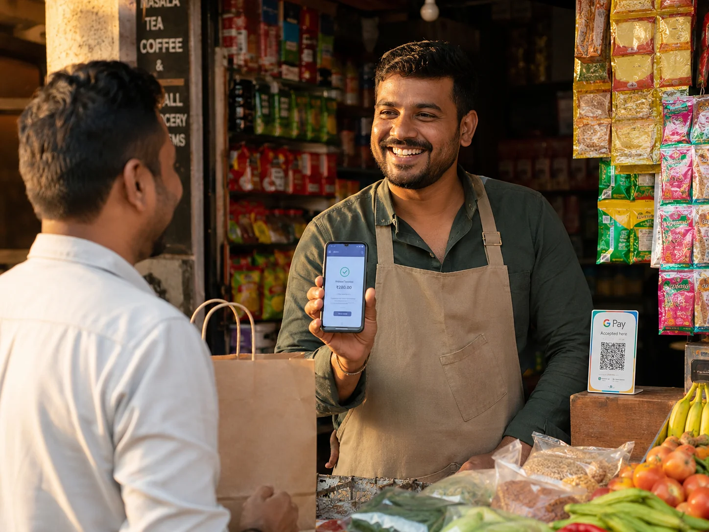 Local shopkeeper showing mobile payment confirmation to customer