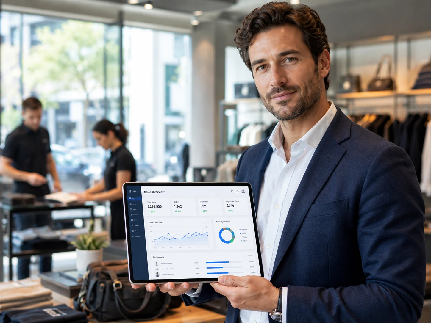 Business owner reviewing sales analytics dashboard on tablet