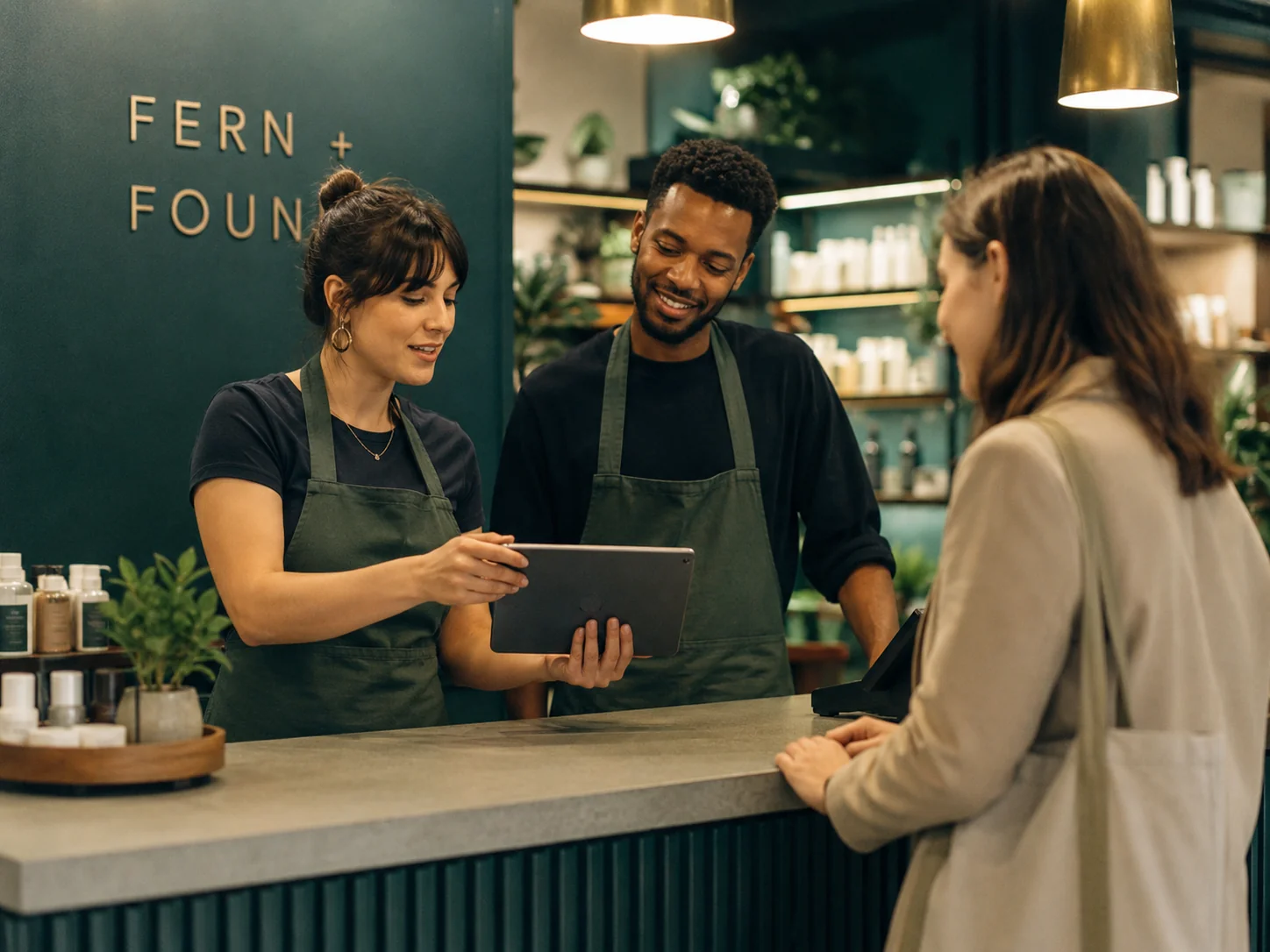 Two shop employees using tablet to serve a customer