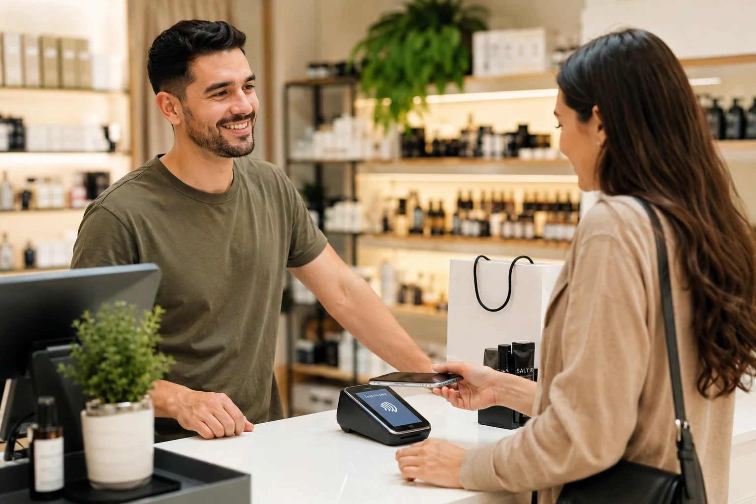 Cashier serving a customer at a retail counter