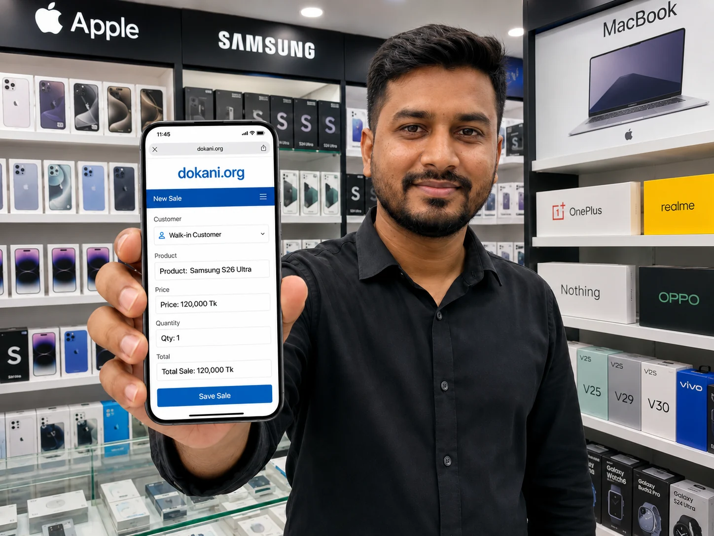 Bangladeshi retailer showing dokani.org POS app on mobile phone